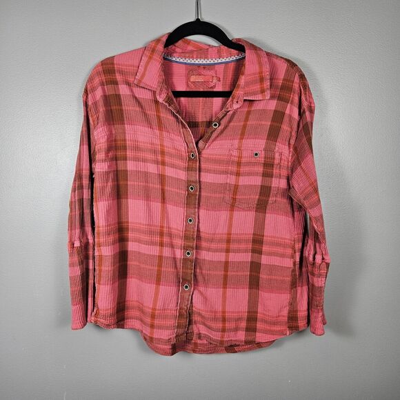 prAna Fillary Pink Red Textured Plaid Flannel Long Sleeve Button Down Size Large - Picture 1 of 6